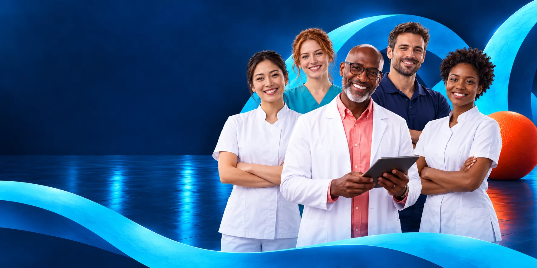 Cinq professionnels de santé face au visiteur : médecin, dentiste, infirmière, kinésithérapeute et podologue.