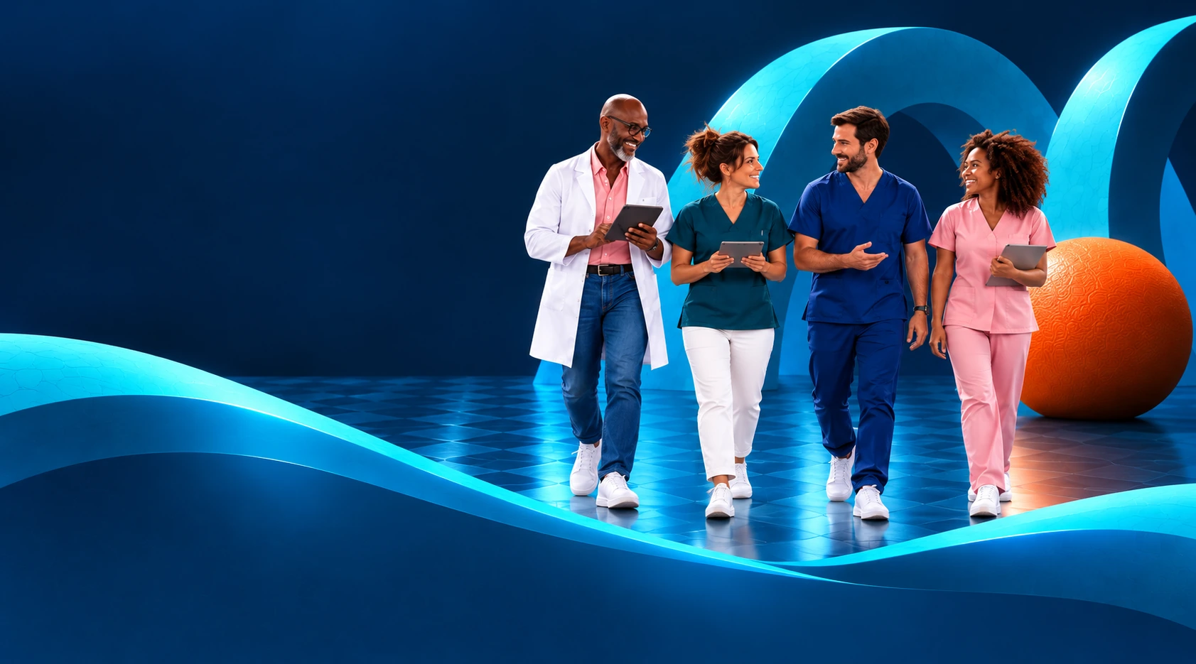 Quatre professionnels de santé réunis devant les arches turquoise