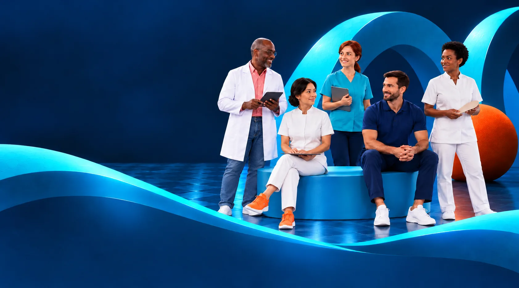 Cinq professionnels de santé réunis devant les arches turquoise